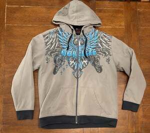 Vintage Y2K MMA Elite Hoodie Mens Gray Skull AOP Zip Up Sherpa Lined Jacket